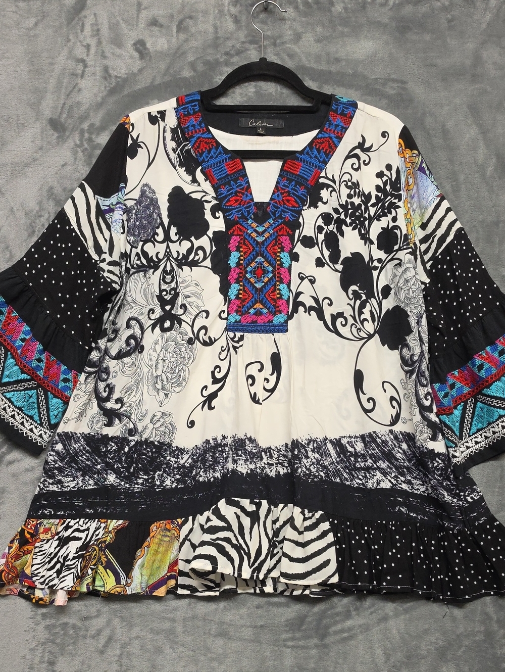 Embroidered V-Neck Mixed Print Tunic - Black & White with Multicolor Trim